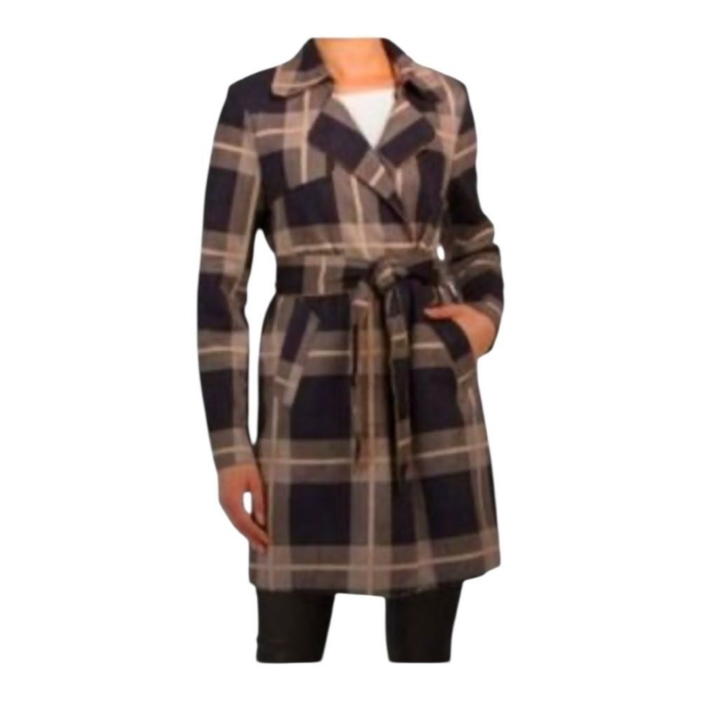 Solitaire NWT by Ravi Khosla Plaid Trench Coat Brn Beige Long Belted Jacket Sz L
